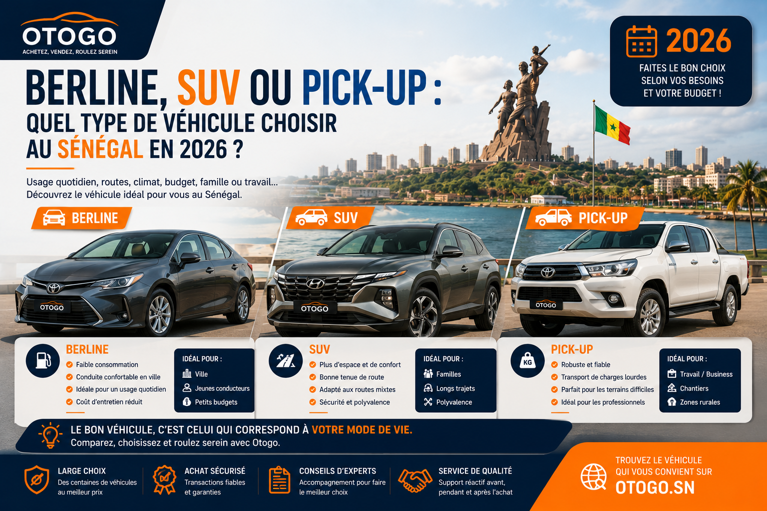 Berline, SUV ou pick-up : quel type de véhicule choisir au Sénégal en 2026 ?