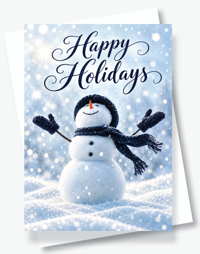 Happy Holidays greeting card featuring a snowman in a snowy scene